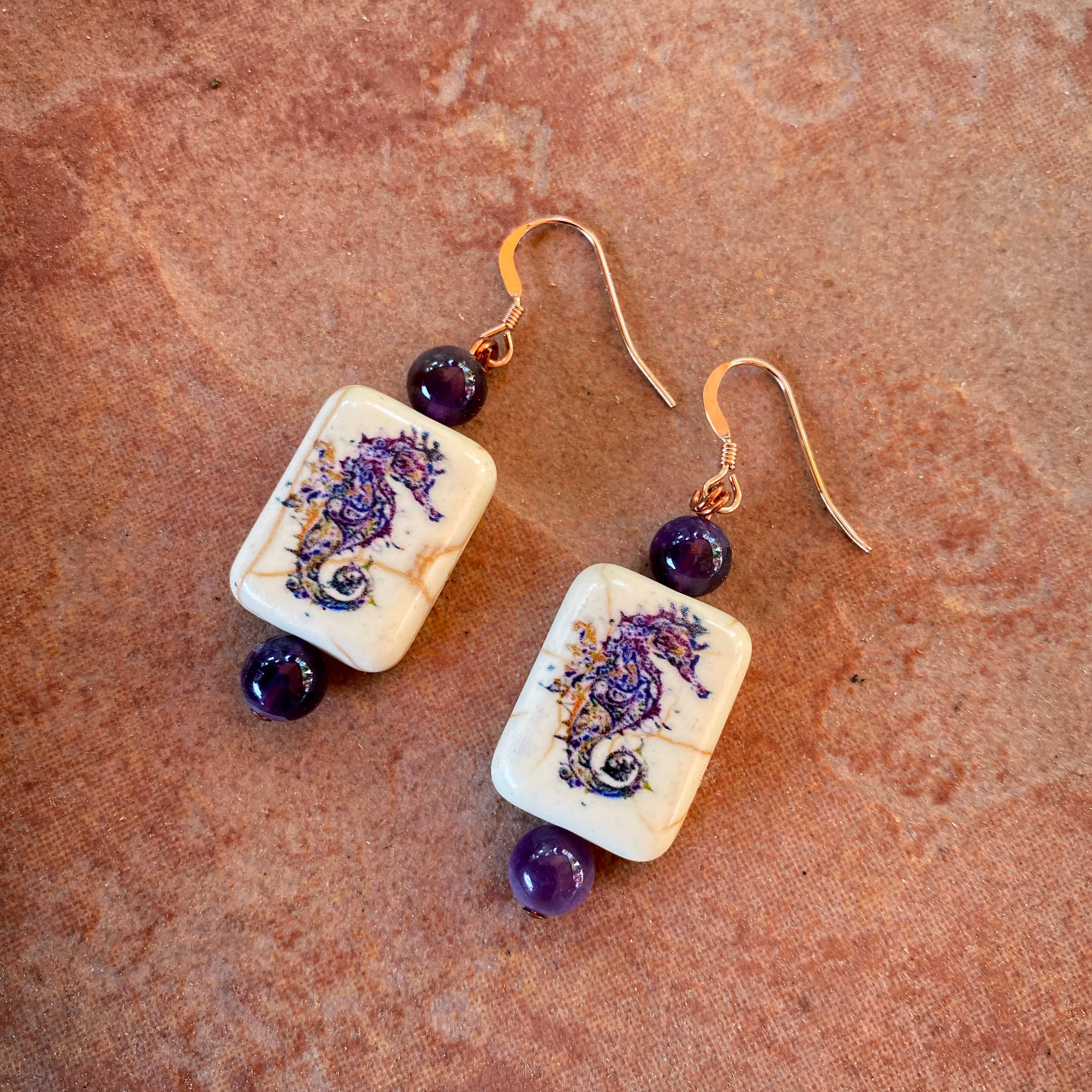 Painted seahorse stone and amethyst gemstone 14 kt rose GF drop earrings