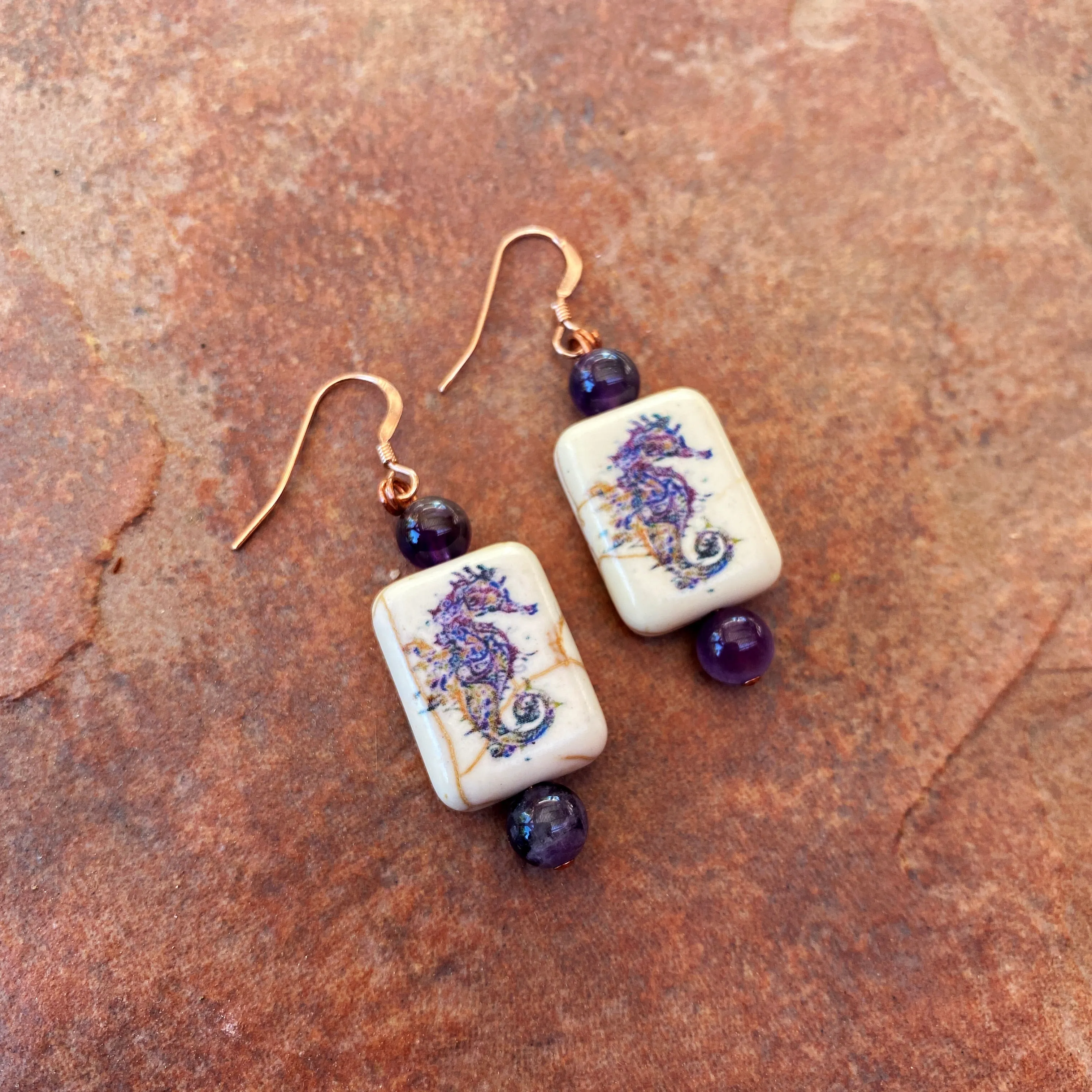 Painted seahorse stone and amethyst gemstone 14 kt rose GF drop earrings