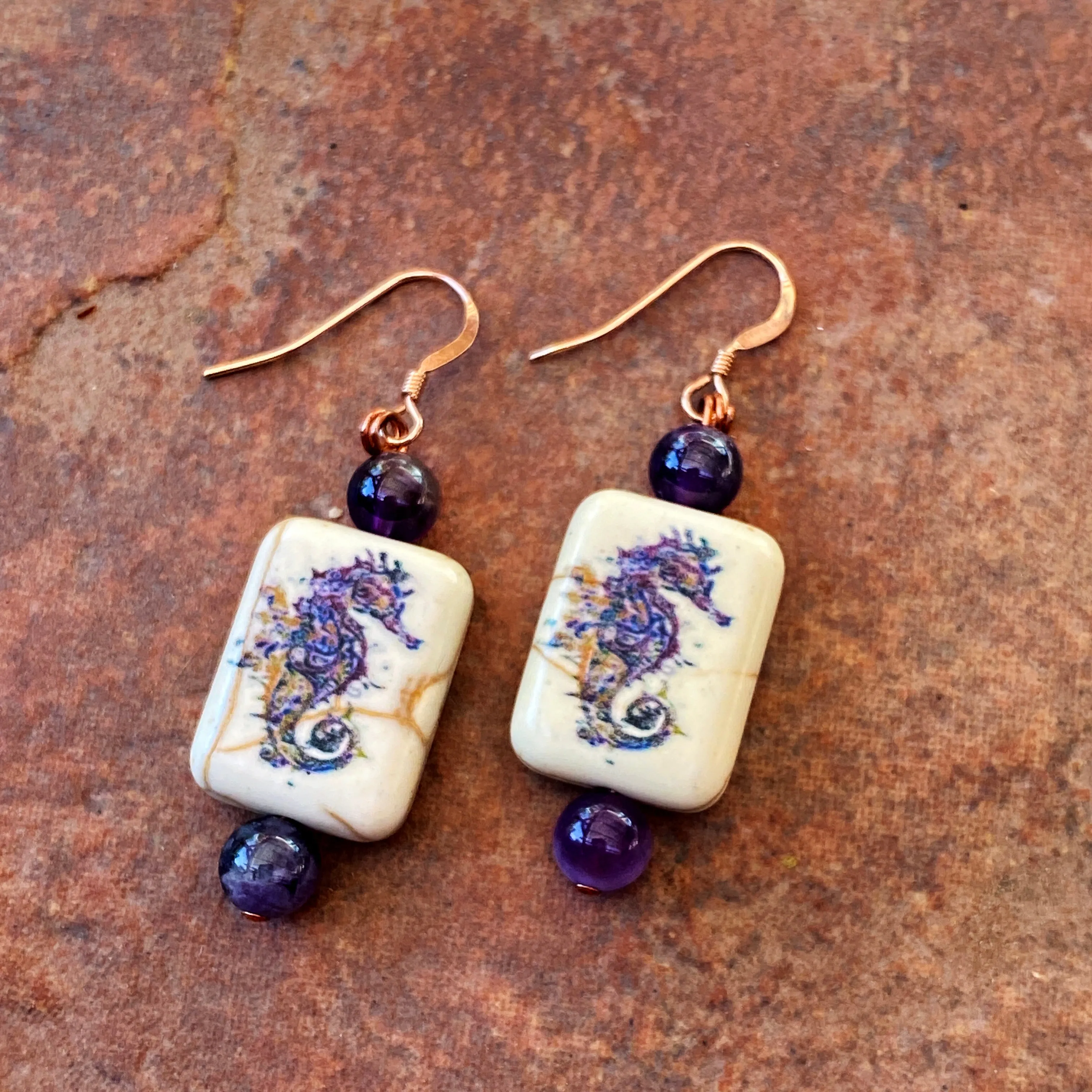 Painted seahorse stone and amethyst gemstone 14 kt rose GF drop earrings