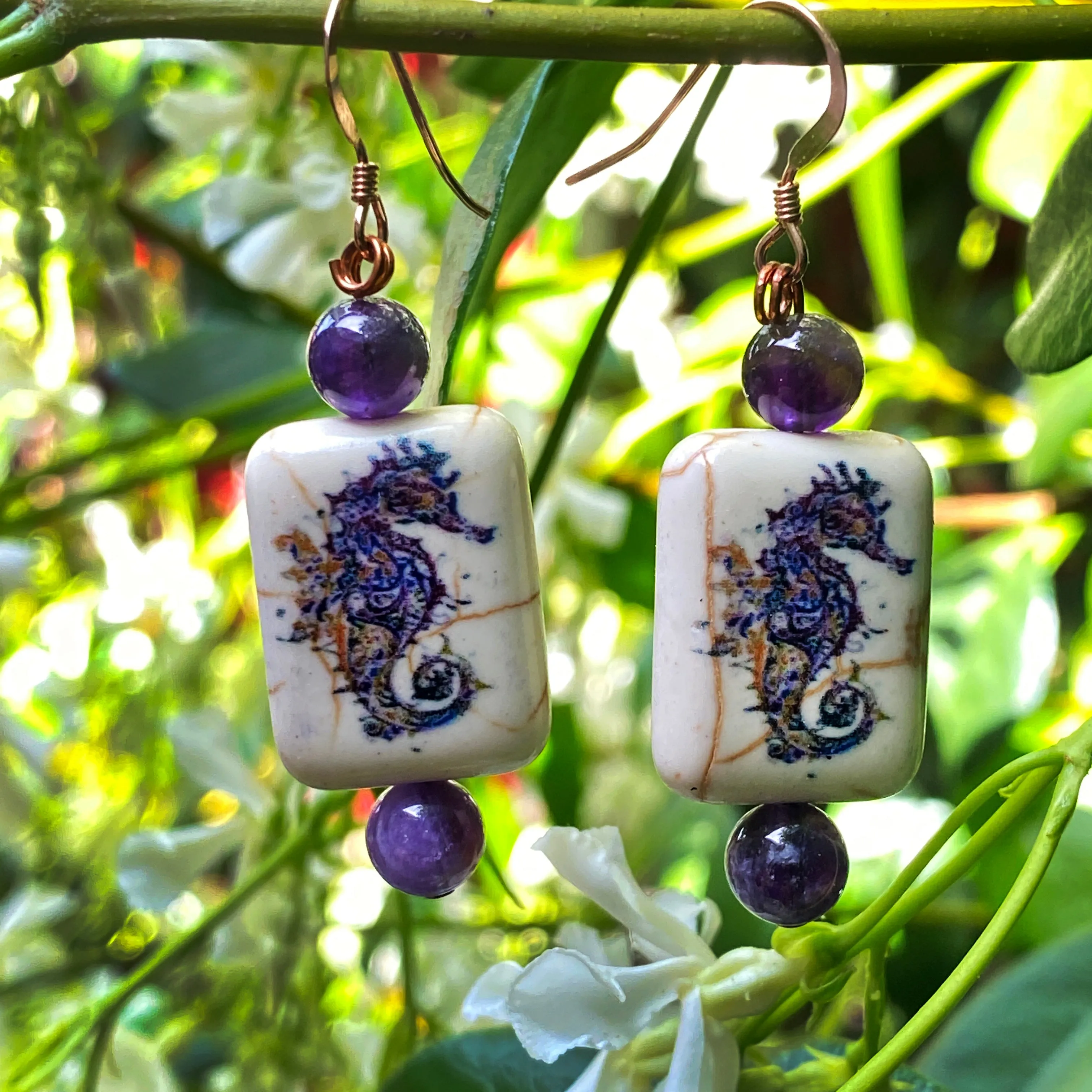 Painted seahorse stone and amethyst gemstone 14 kt rose GF drop earrings