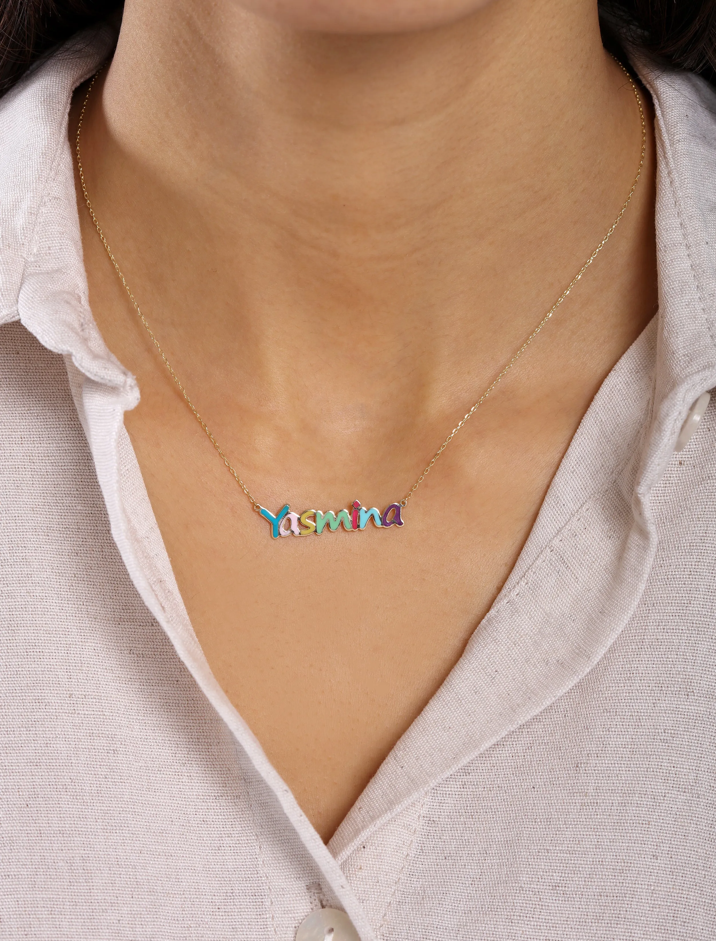 Personalized 18k Gold Enamel Name Necklace | Custom Jewelry | Name Pendant