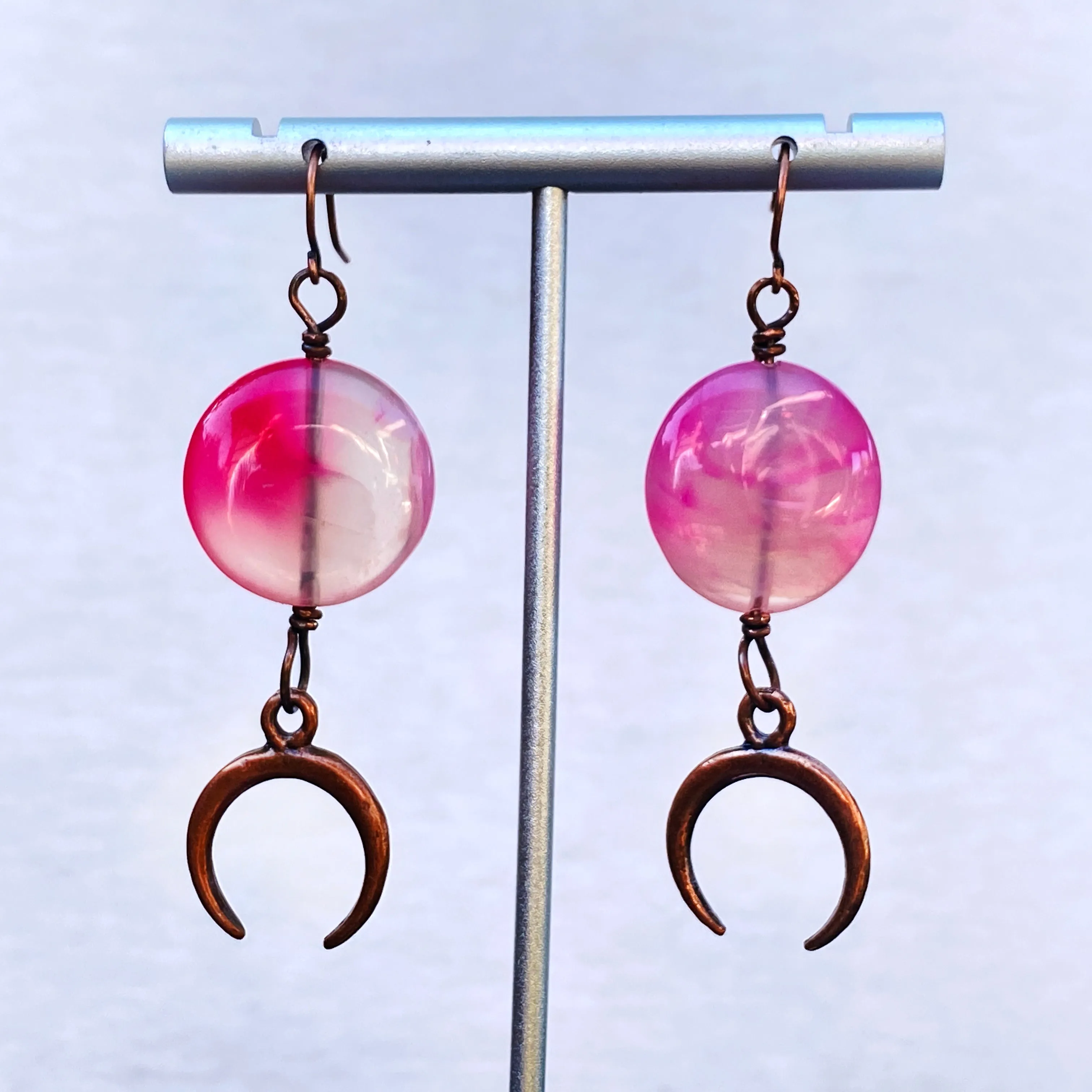 Pink agate gemstone wrapped copper Moon dangle earrings