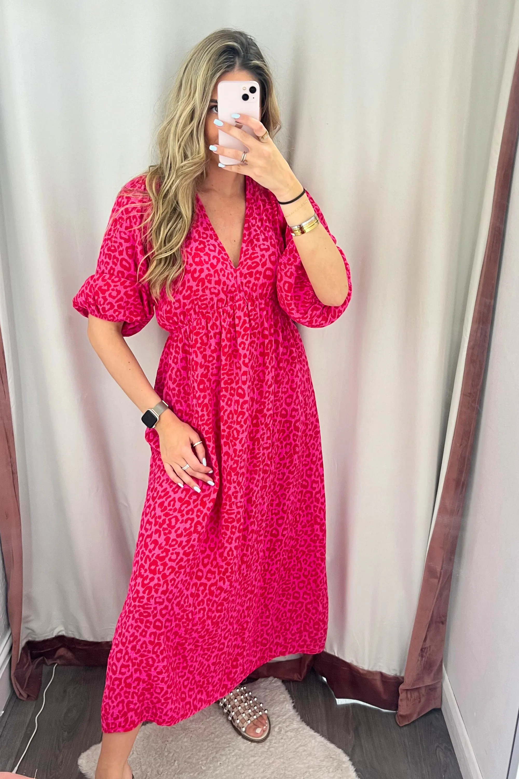 Pink & red leopard maxi cheesecloth dress