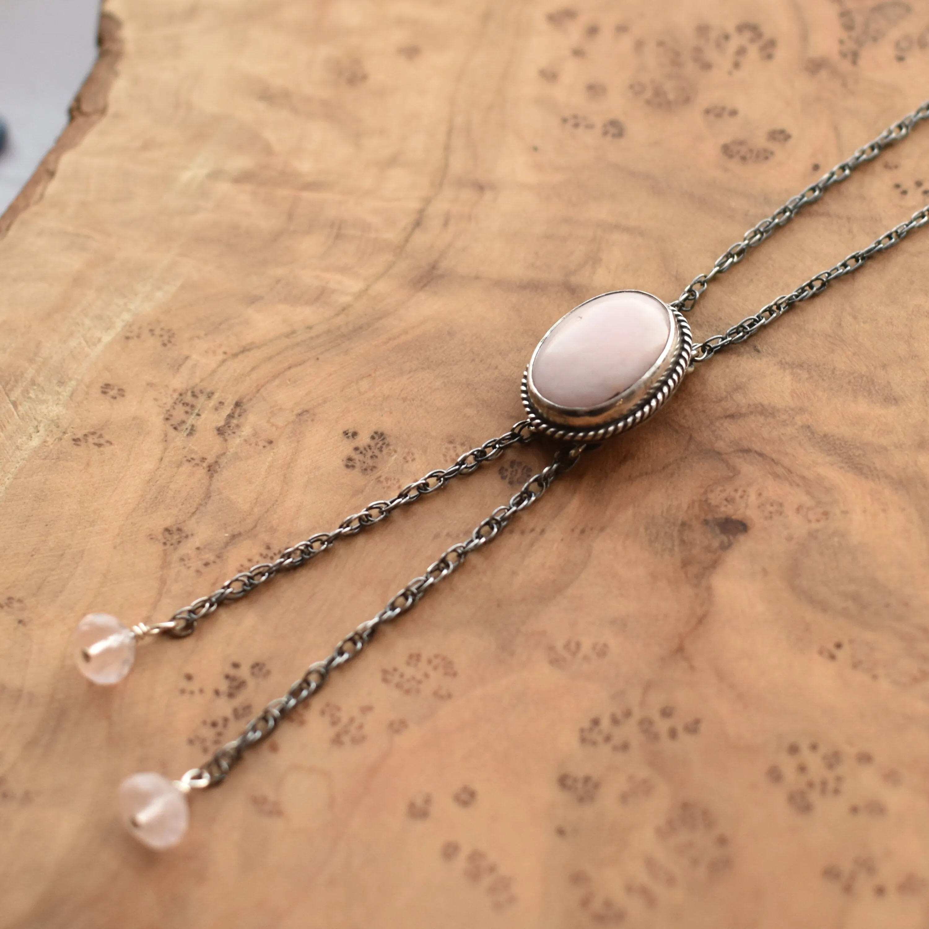 Pink Opal Bolo - Sterling Silver Mock Bolo - Pink Opal Pendant - Silversmith - Pink Opal Necklace