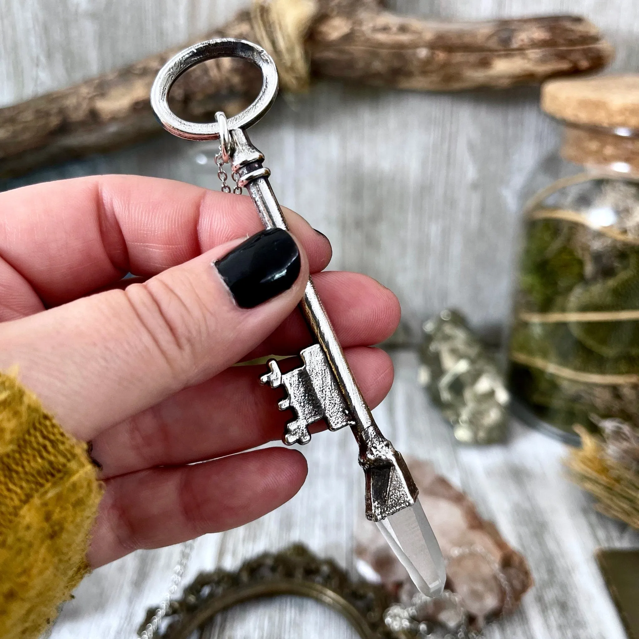 Raw Clear Quartz Crystal Vintage Skeleton Key Necklace Pendant in Fine Silver  / Foxlark Collection - One of a Kind