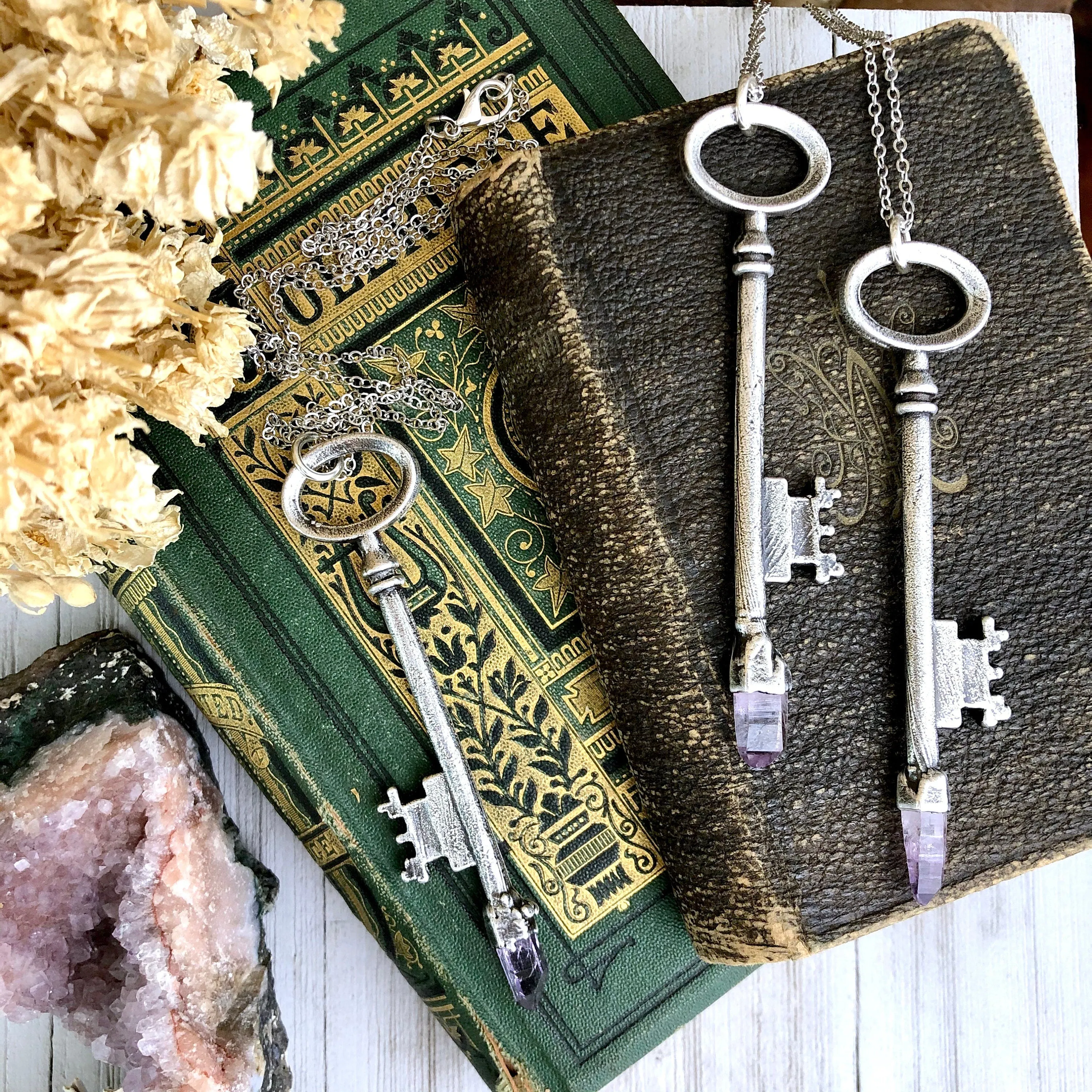 Raw Vera Cruz Amethyst Crystal Vintage Skeleton Key Necklace Pendant in Fine Silver  / Foxlark Collection - One of a Kind