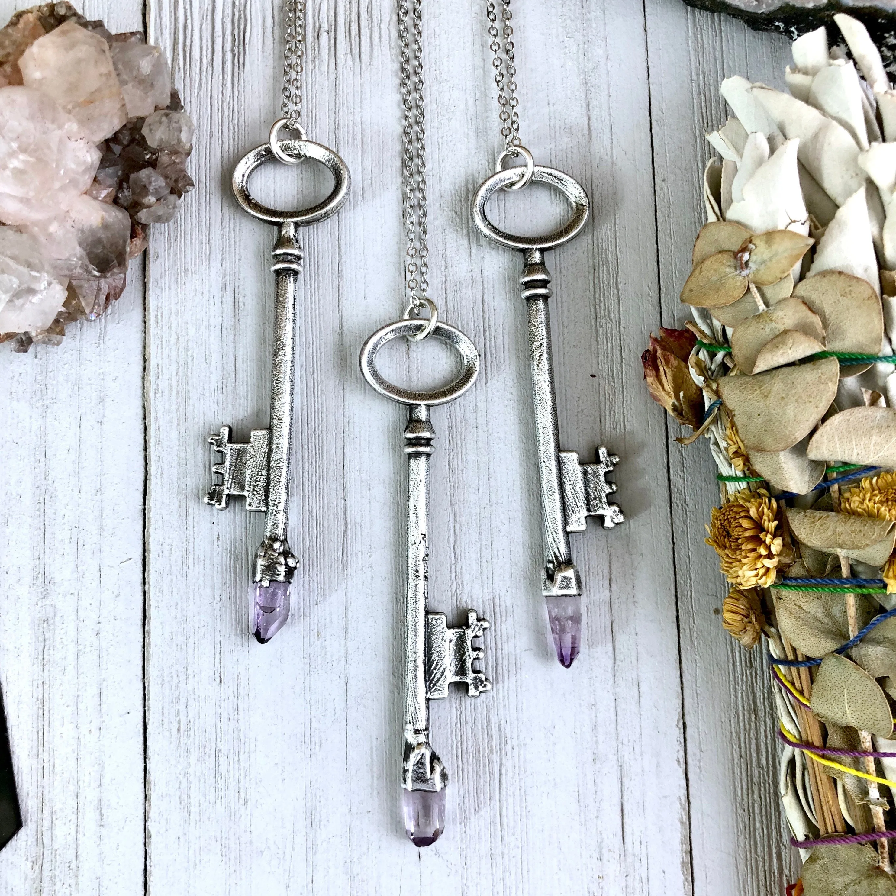 Raw Vera Cruz Amethyst Crystal Vintage Skeleton Key Necklace Pendant in Fine Silver  / Foxlark Collection - One of a Kind