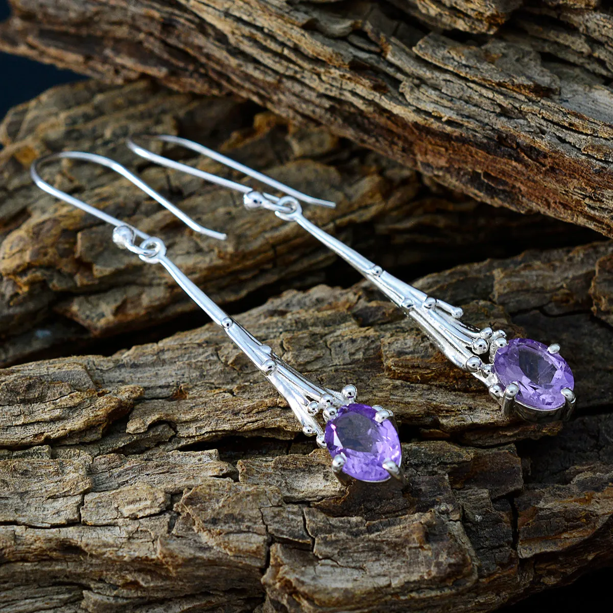 Riyo Attractive Sterling Silver Earring For Girl Amethyst Earring Bezel Setting Purple Earring Dangle Earring