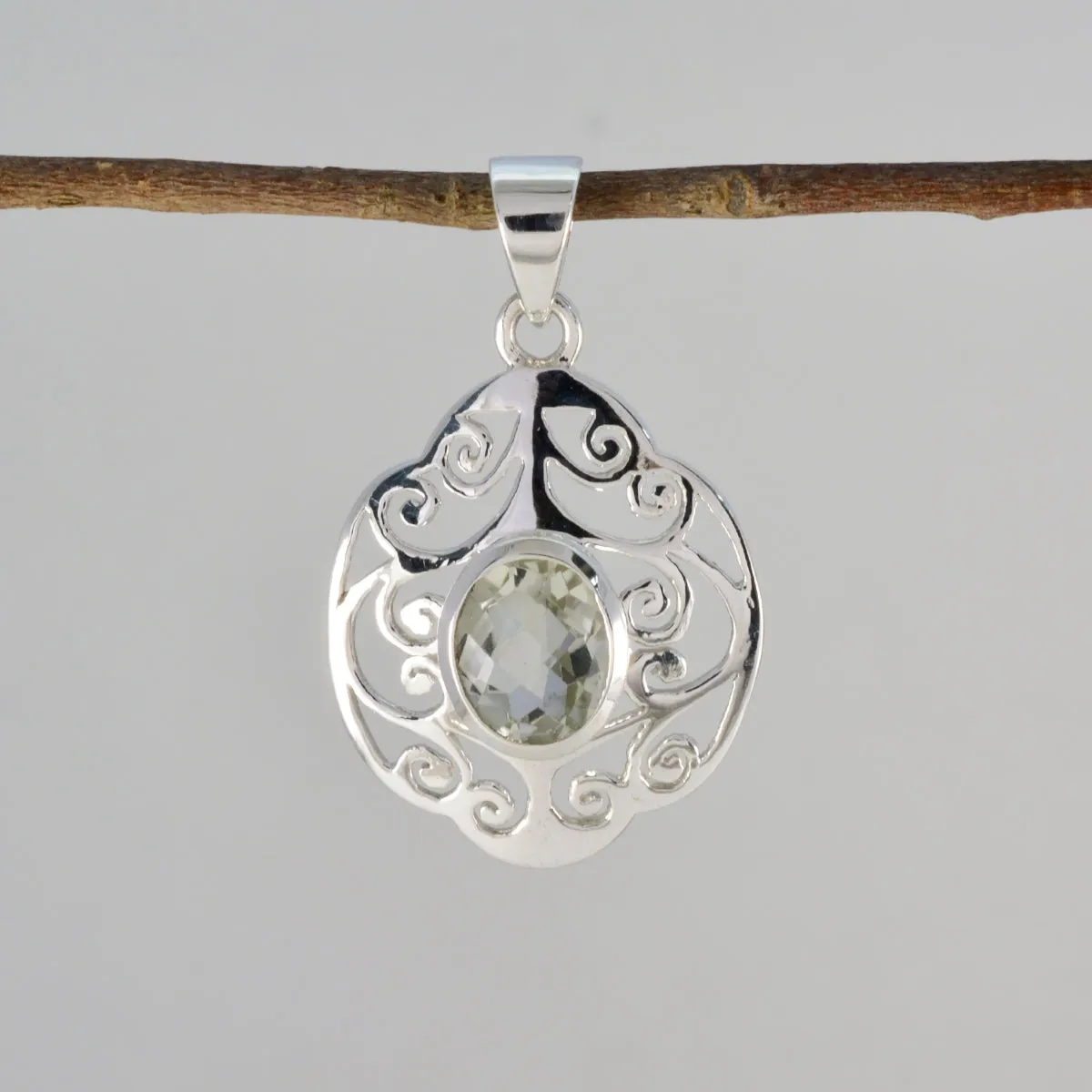 Riyo Beaut Gems Oval Checker Green Green Amethyst Solid Silver Pendant Gift For Easter Sunday