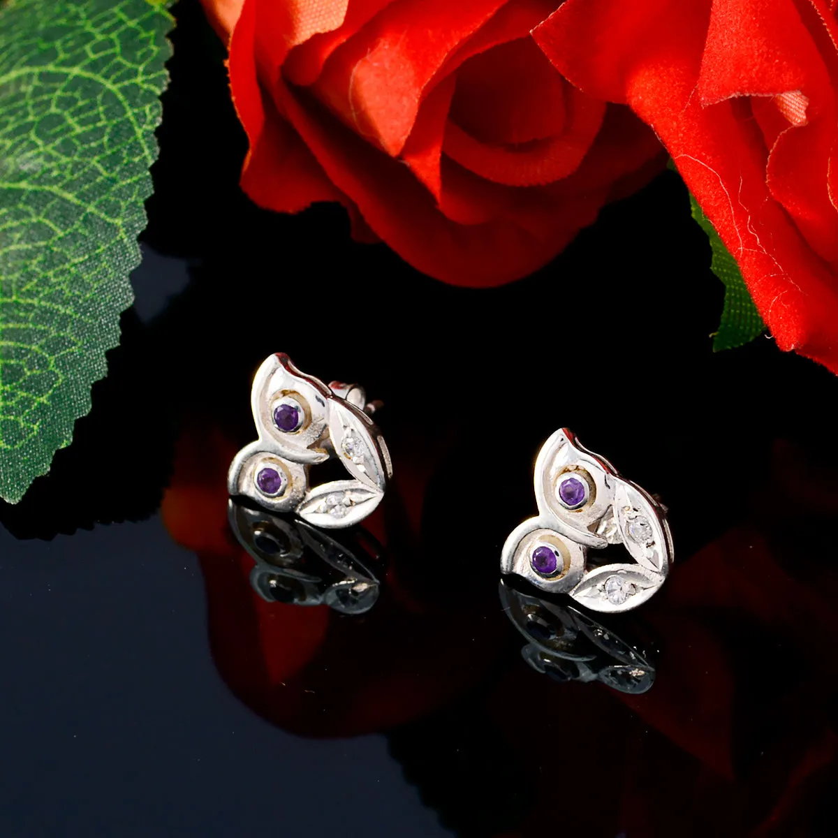 Riyo Beauteous Sterling Silver Earring For Damsel Amethyst Earring Bezel Setting Purple Earring Stud Earring