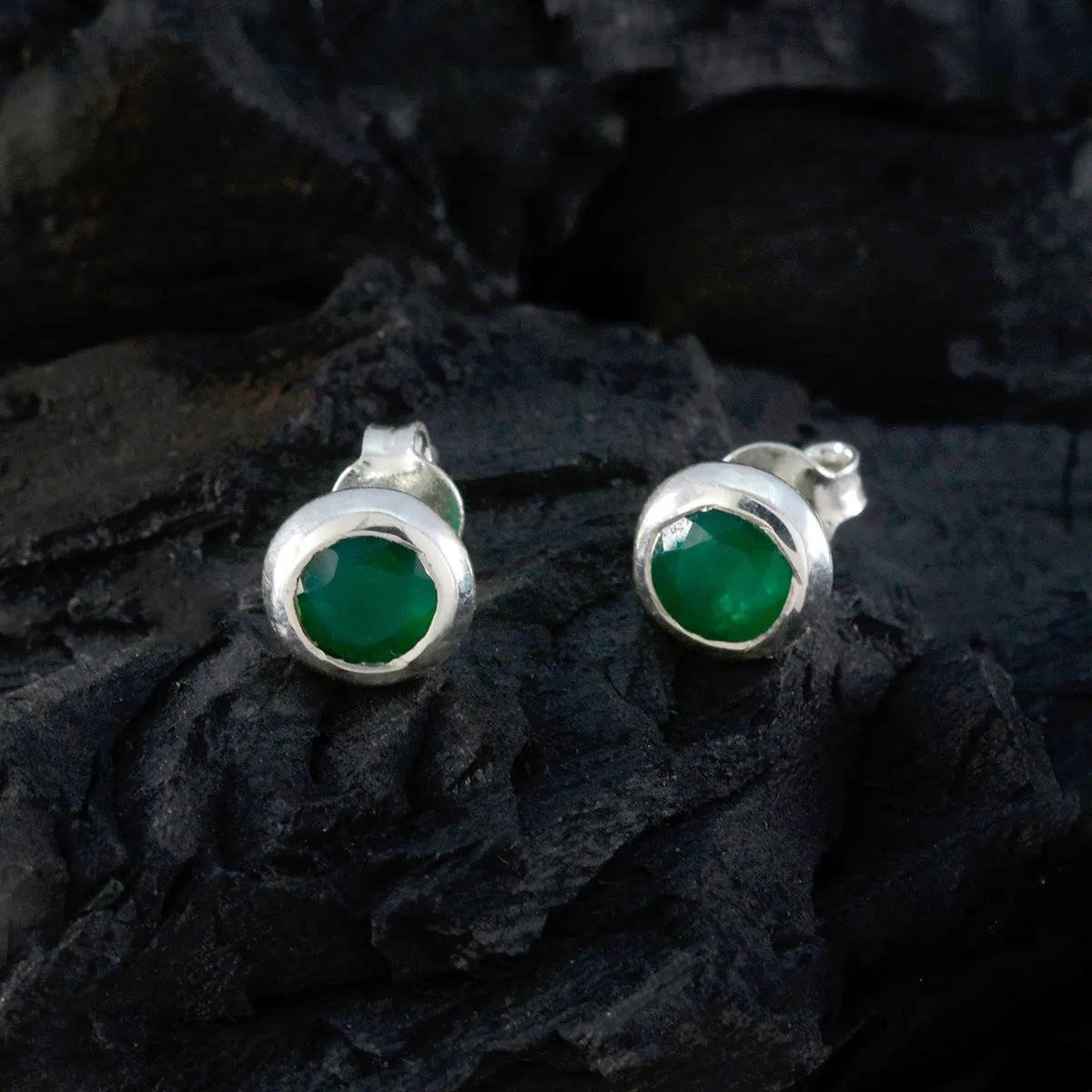 Riyo Beddable Sterling Silver Earring For Wife Green Onyx Earring Bezel Setting Green Earring Stud Earring