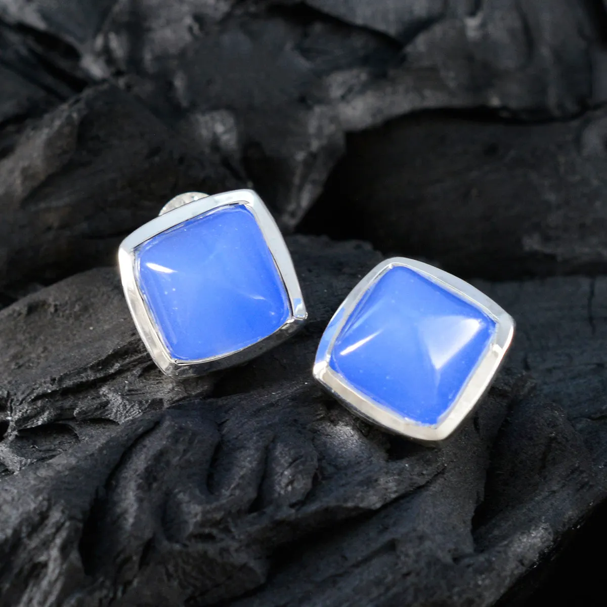 Riyo Engaging Sterling Silver Earring For Femme Chalcedony Earring Bezel Setting Blue Earring Stud Earring