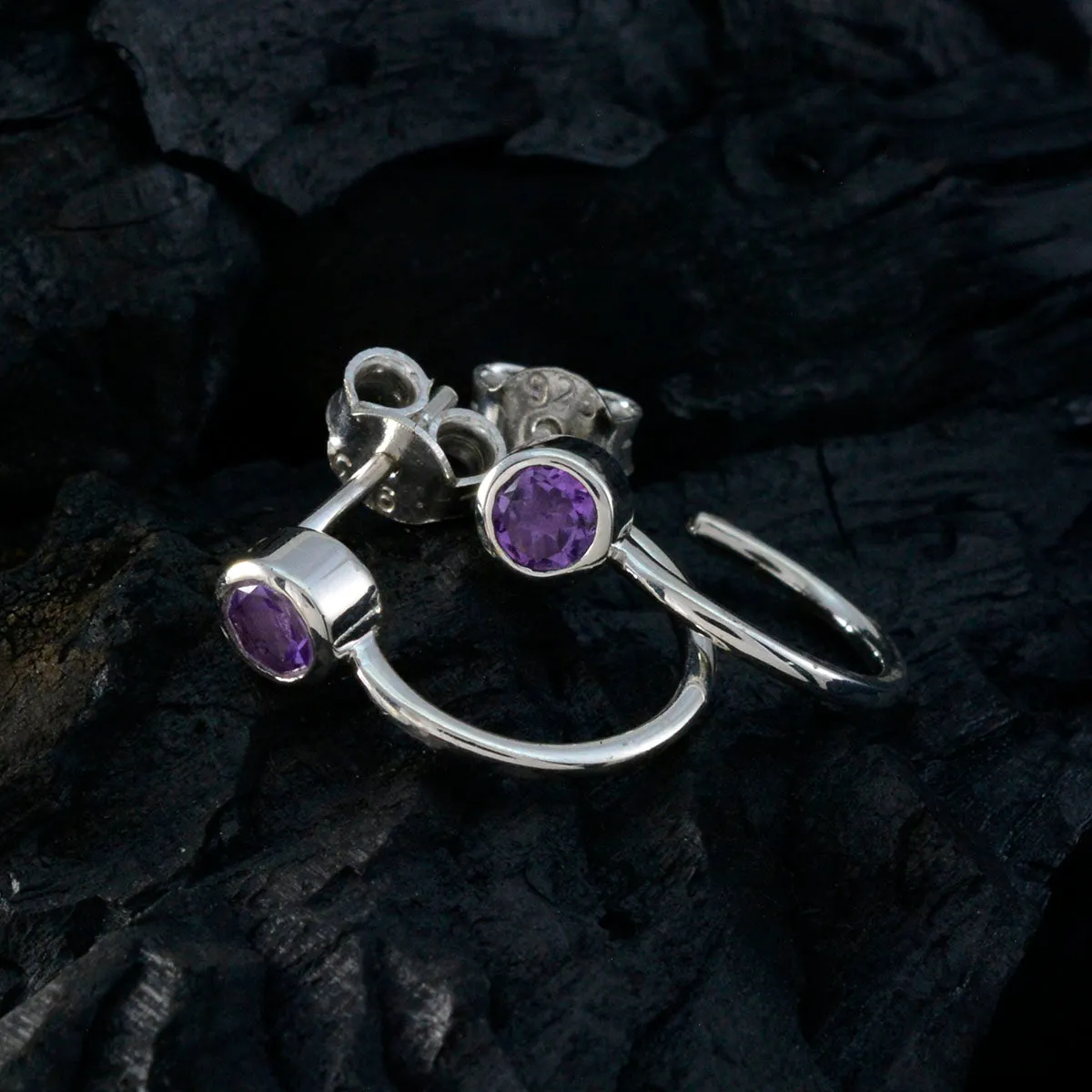 Riyo Engaging Sterling Silver Earring For Girl Amethyst Earring Bezel Setting Purple Earring Stud Earring