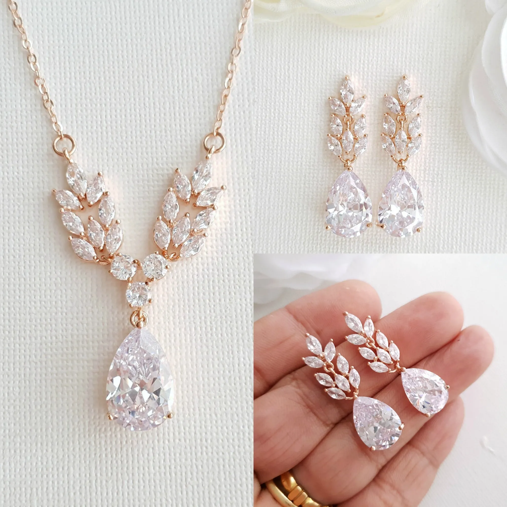 Rose Gold Leaf Necklace Earrings Wedding Set- Willow