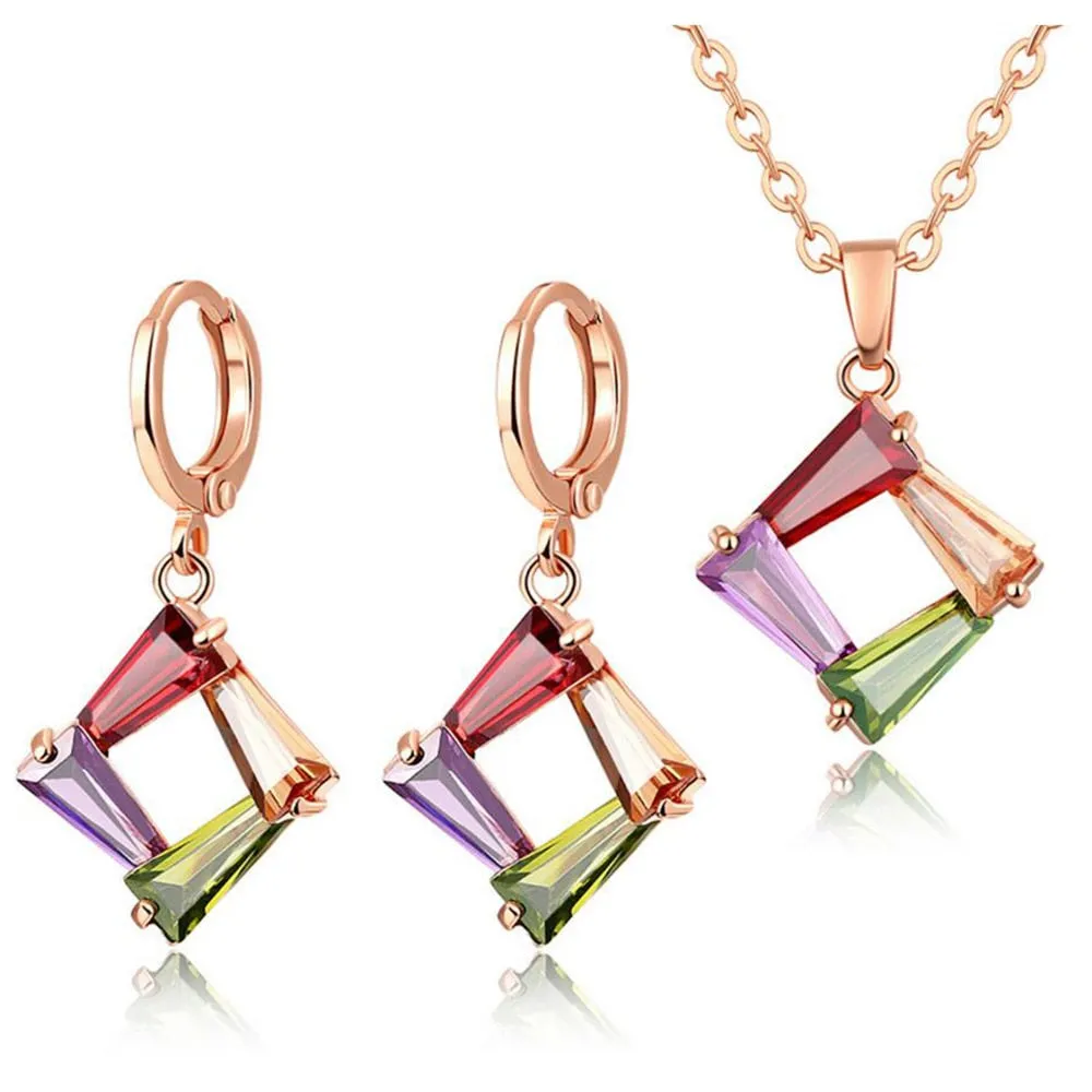 Rose-Gold-Plated Multicolor Cubic Zirconia Necklace & Earrings Wedding Jewelry Set