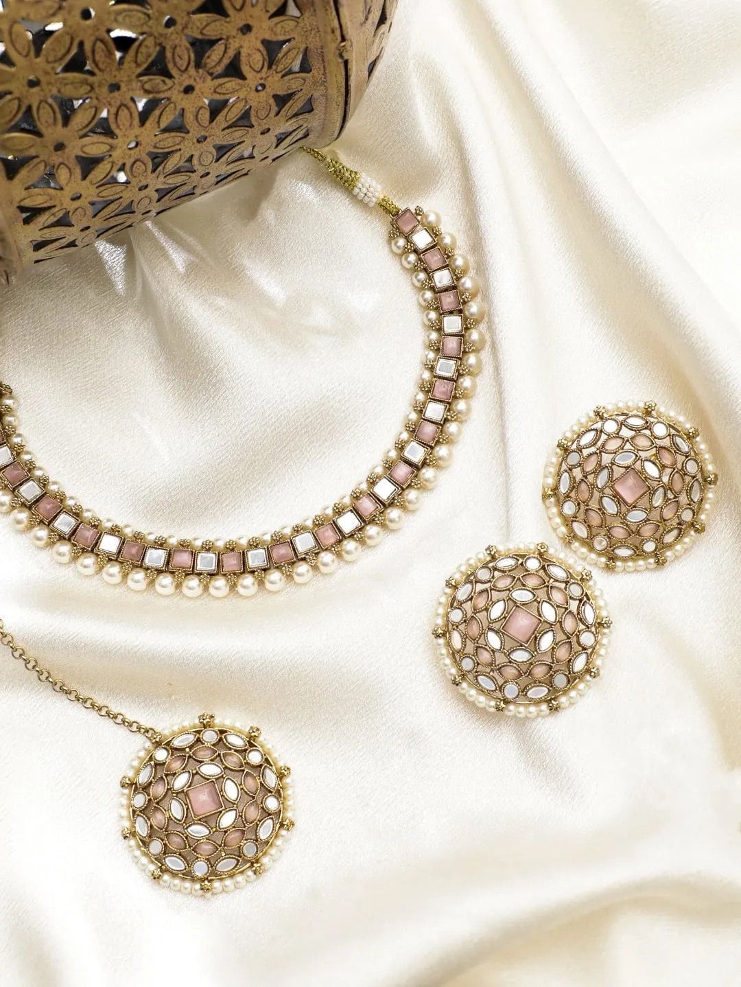 Rubans 22K Mehndi Gold plated pastel pink & mirror studded pearl beaded choker Set