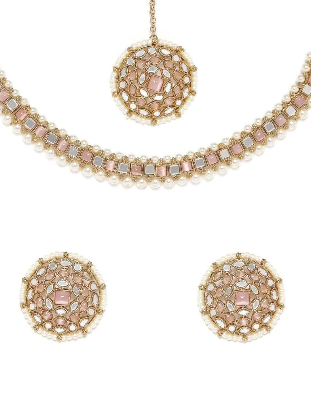 Rubans 22K Mehndi Gold plated pastel pink & mirror studded pearl beaded choker Set