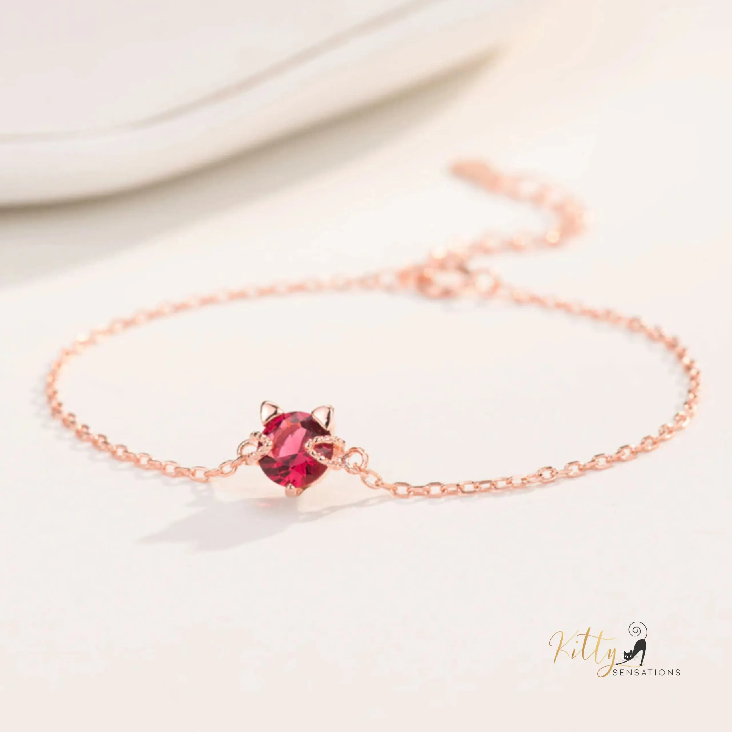 Ruby Red Cat Bracelet in Solid 925 Sterling Silver - Adjustable Length