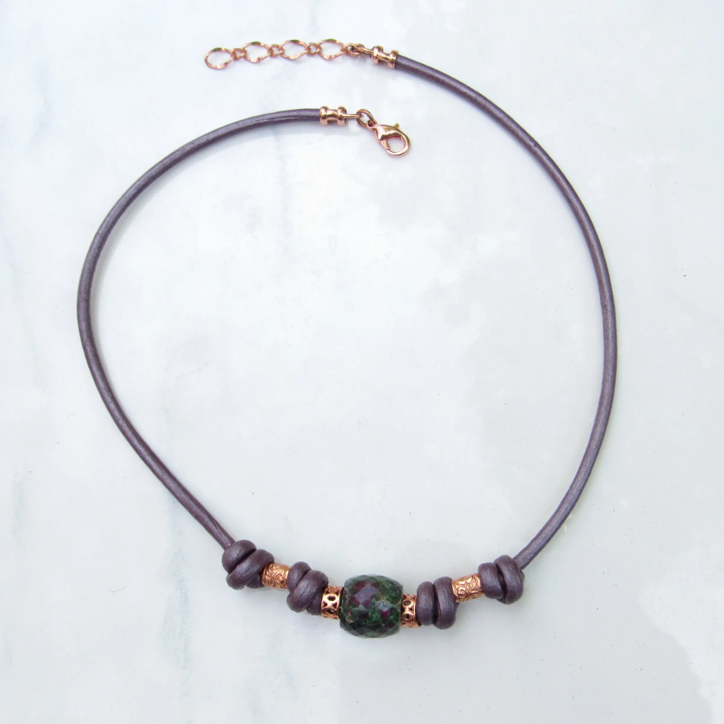 Ruby Zoisite and Copper Hand Knotted on Leather necklace