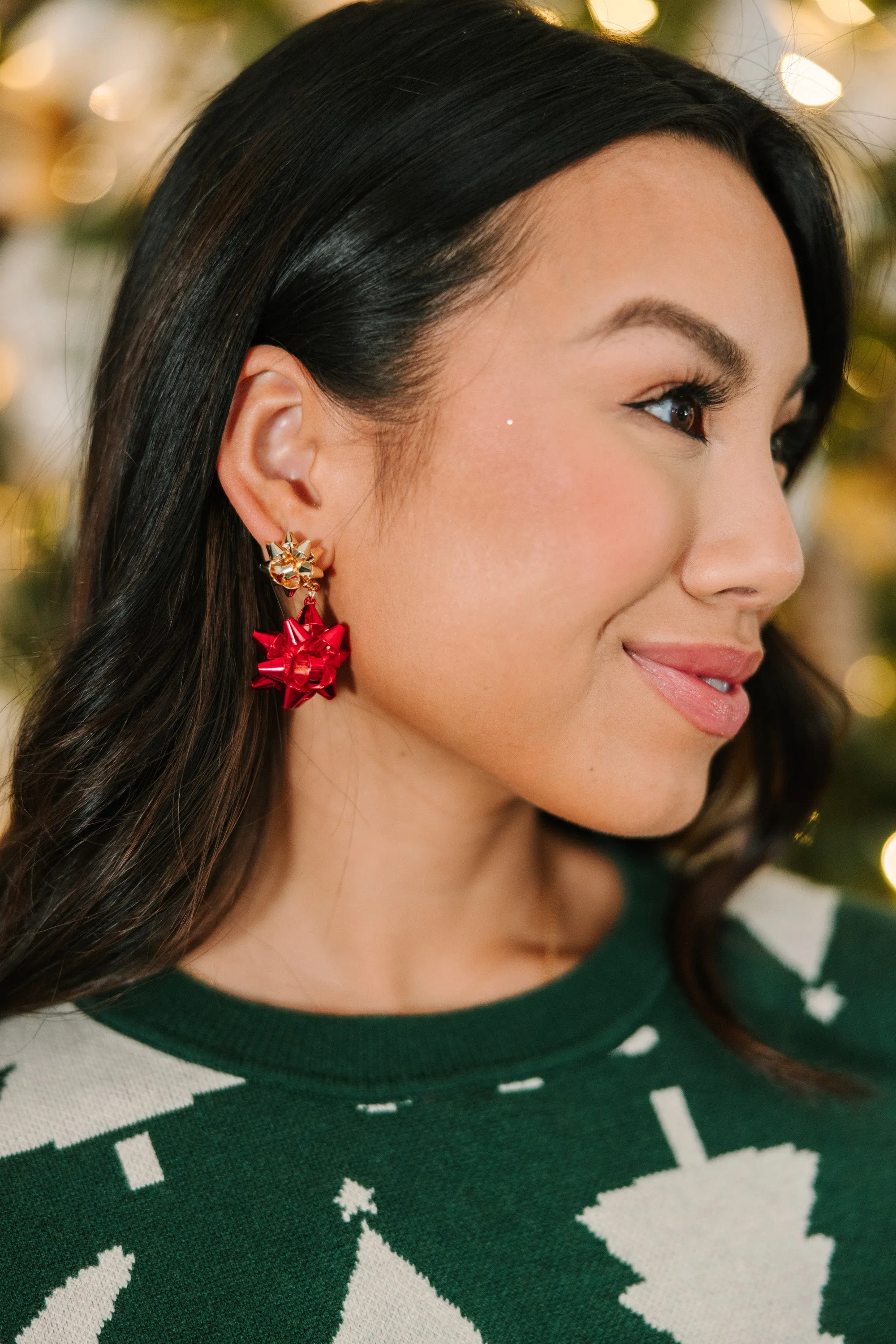 Season Of Gifting Red-Gold Bow Earrings