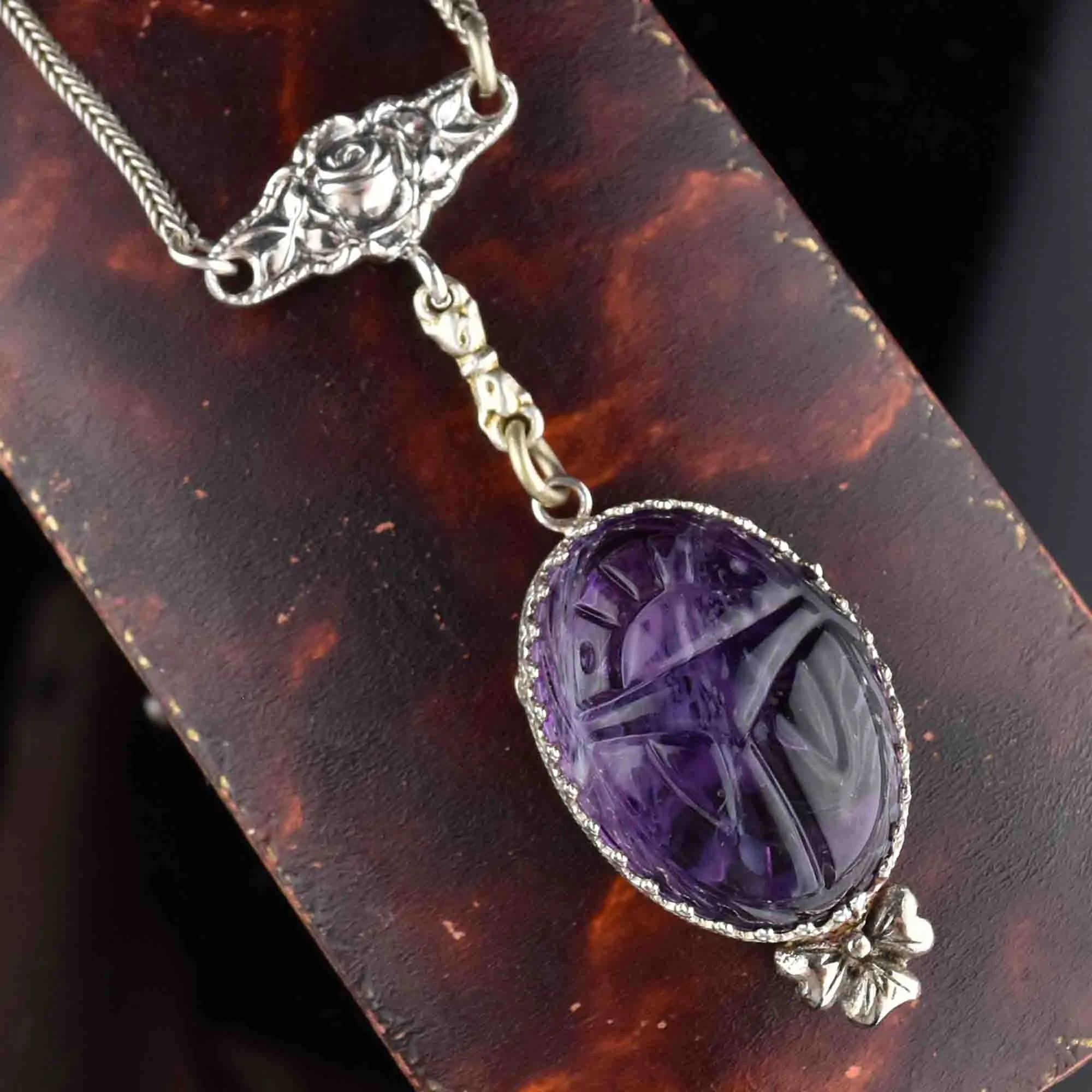 Silver Carved Scarab Amethyst Pendant Necklace