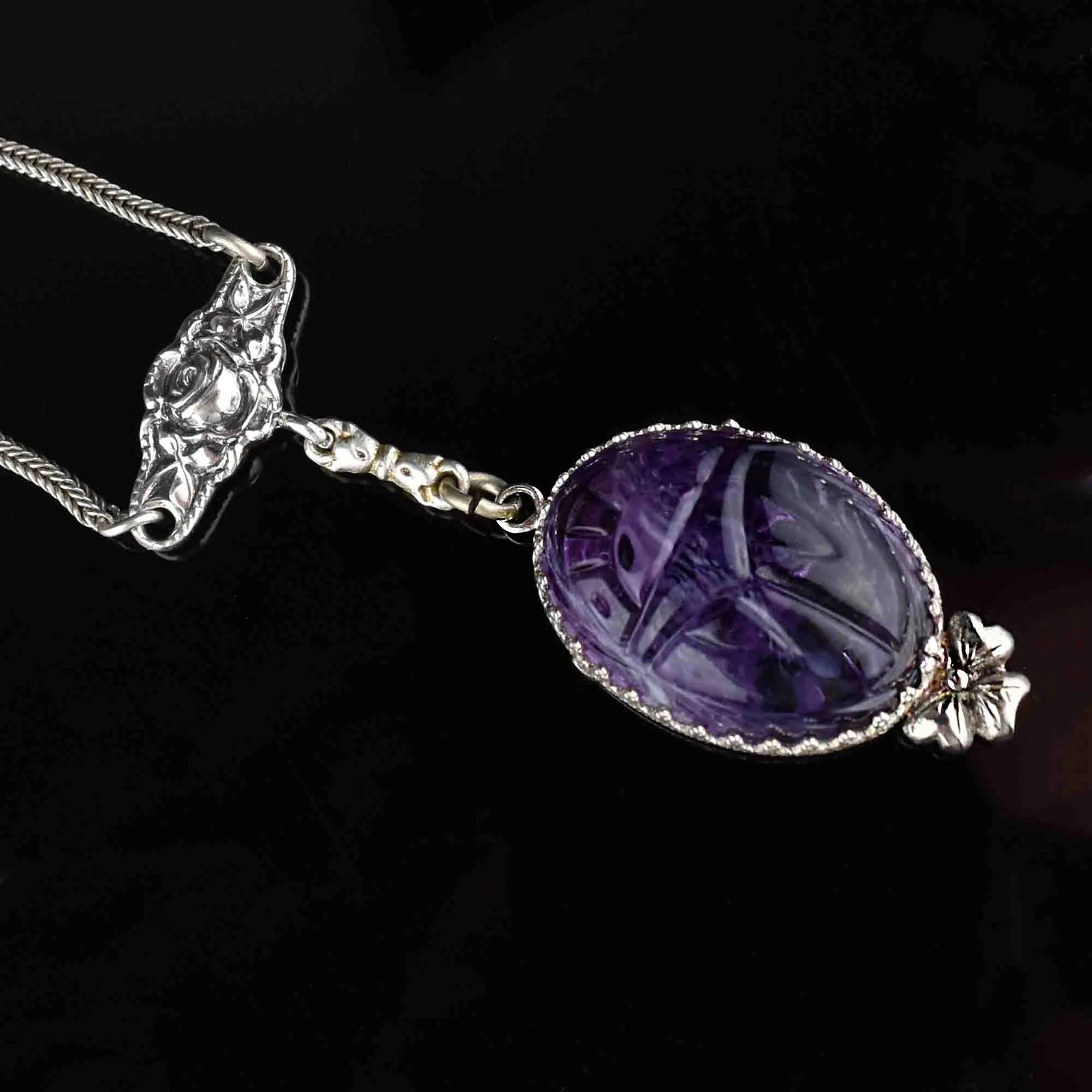 Silver Carved Scarab Amethyst Pendant Necklace