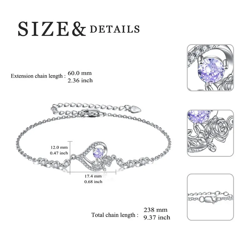 Sterling Silver Birth Month Flower Birthstone Bracelet Anklet Flower Gifts Personalized Heart Floral Jewelry Birthday Gift