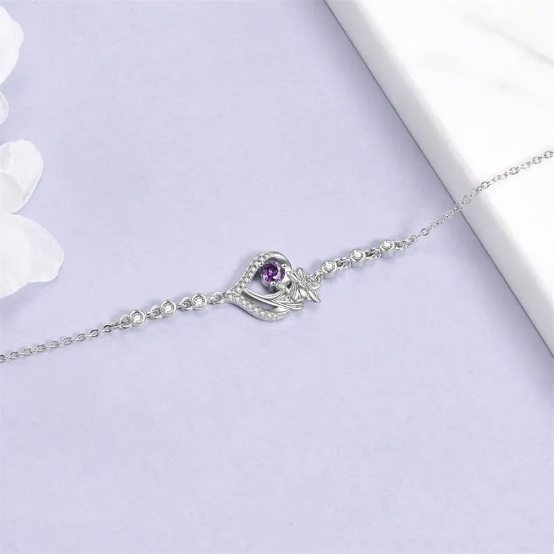 Sterling Silver Birth Month Flower Birthstone Bracelet Anklet Flower Gifts Personalized Heart Floral Jewelry Birthday Gift