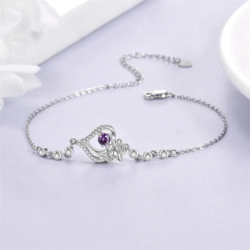 Sterling Silver Birth Month Flower Birthstone Bracelet Anklet Flower Gifts Personalized Heart Floral Jewelry Birthday Gift