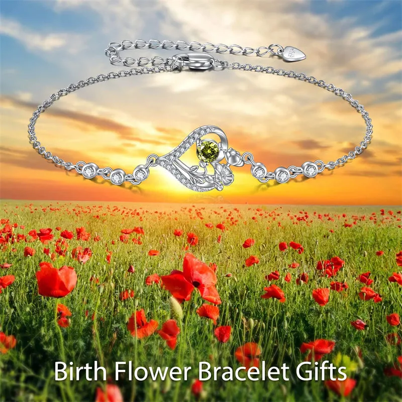 Sterling Silver Birth Month Flower Birthstone Bracelet Anklet Flower Gifts Personalized Heart Floral Jewelry Birthday Gift