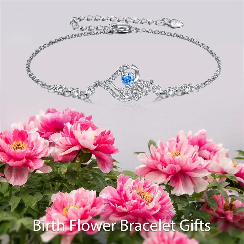 Sterling Silver Birth Month Flower Birthstone Bracelet Anklet Flower Gifts Personalized Heart Floral Jewelry Birthday Gift