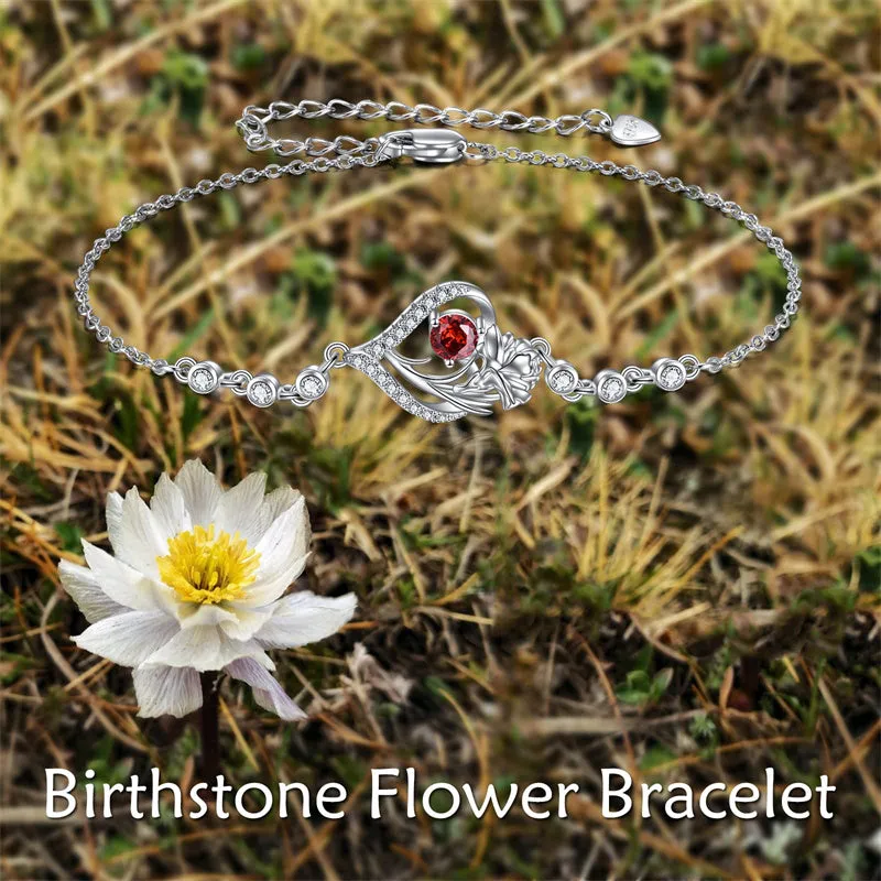 Sterling Silver Birth Month Flower Birthstone Bracelet Anklet Flower Gifts Personalized Heart Floral Jewelry Birthday Gift