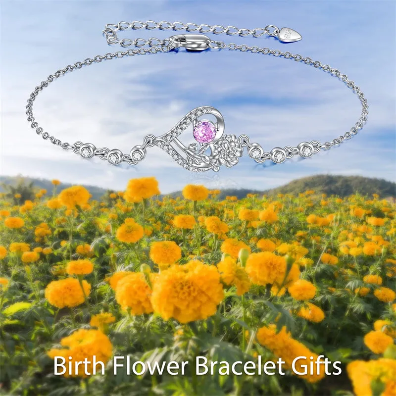 Sterling Silver Birth Month Flower Birthstone Bracelet Anklet Flower Gifts Personalized Heart Floral Jewelry Birthday Gift