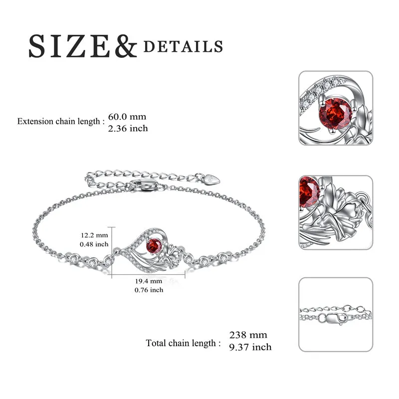 Sterling Silver Birth Month Flower Birthstone Bracelet Anklet Flower Gifts Personalized Heart Floral Jewelry Birthday Gift