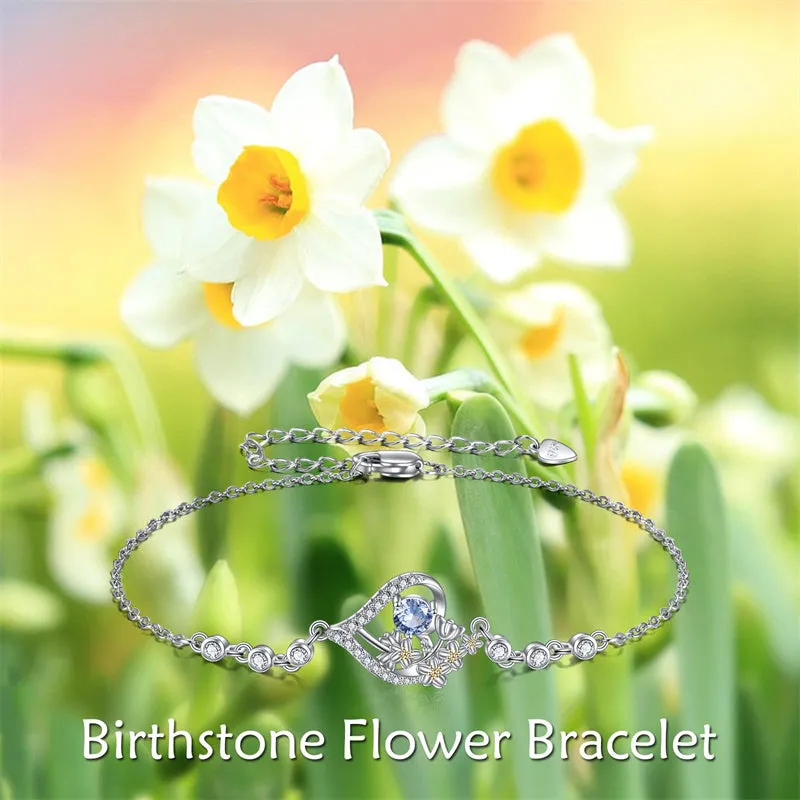 Sterling Silver Birth Month Flower Birthstone Bracelet Anklet Flower Gifts Personalized Heart Floral Jewelry Birthday Gift