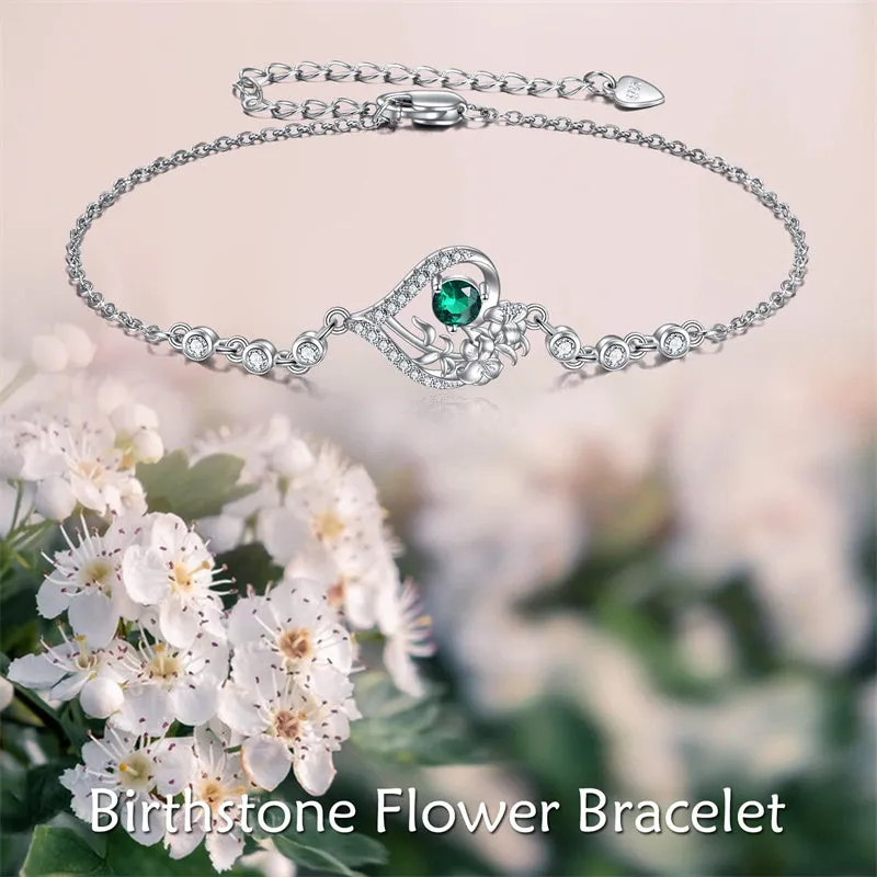 Sterling Silver Birth Month Flower Birthstone Bracelet Anklet Flower Gifts Personalized Heart Floral Jewelry Birthday Gift