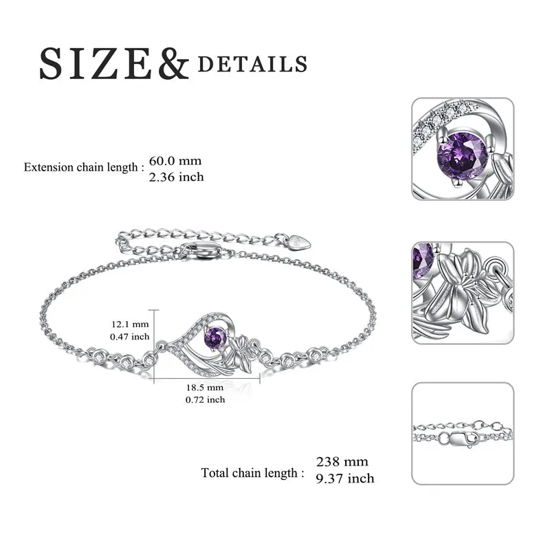 Sterling Silver Birth Month Flower Birthstone Bracelet Anklet Flower Gifts Personalized Heart Floral Jewelry Birthday Gift