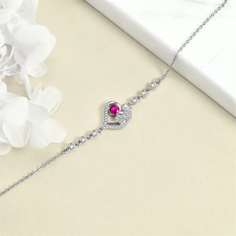 Sterling Silver Birth Month Flower Birthstone Bracelet Anklet Flower Gifts Personalized Heart Floral Jewelry Birthday Gift