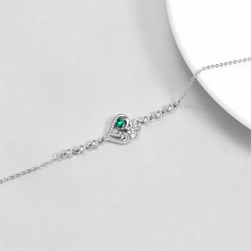 Sterling Silver Birth Month Flower Birthstone Bracelet Anklet Flower Gifts Personalized Heart Floral Jewelry Birthday Gift