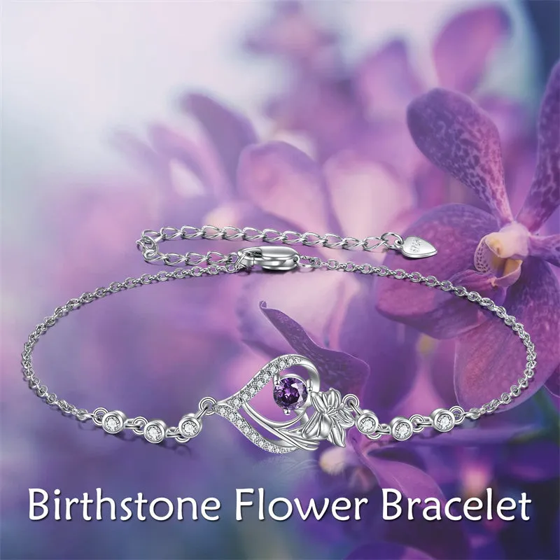 Sterling Silver Birth Month Flower Birthstone Bracelet Anklet Flower Gifts Personalized Heart Floral Jewelry Birthday Gift