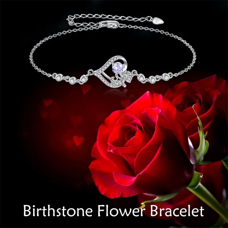 Sterling Silver Birth Month Flower Birthstone Bracelet Anklet Flower Gifts Personalized Heart Floral Jewelry Birthday Gift