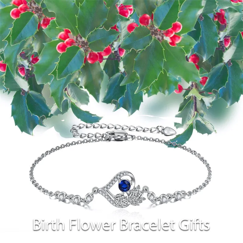 Sterling Silver Birth Month Flower Birthstone Bracelet Anklet Flower Gifts Personalized Heart Floral Jewelry Birthday Gift