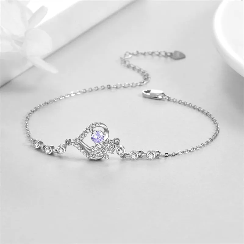 Sterling Silver Birth Month Flower Birthstone Bracelet Anklet Flower Gifts Personalized Heart Floral Jewelry Birthday Gift