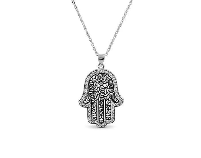 Sterling Silver Hamsa Destiny Necklace Rhodium Plated