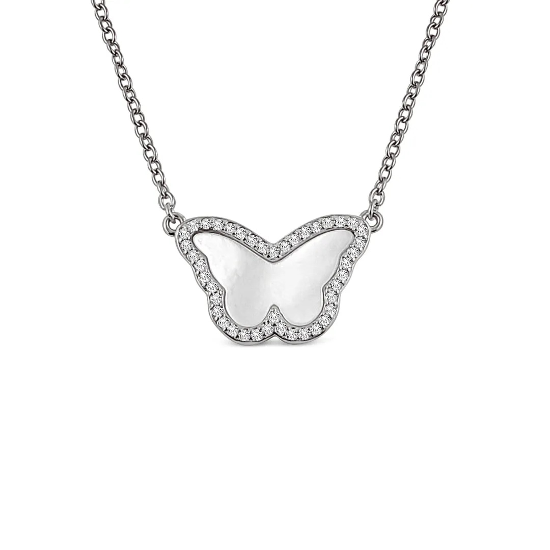 Sterling Silver Mother of Pearl Butterfly Halo Necklace