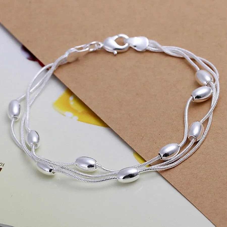 Three Line Gloss Ball Bracelet - 925 Sterling Silver