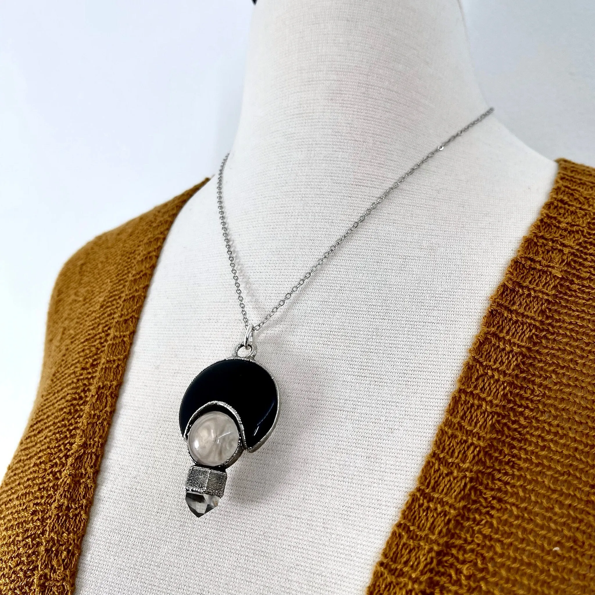 Three Stone Clear Quartz Garden Quartz Black Onyx Necklace in Fine Silver / Foxlark Collection - One of a Kind Jewelry /