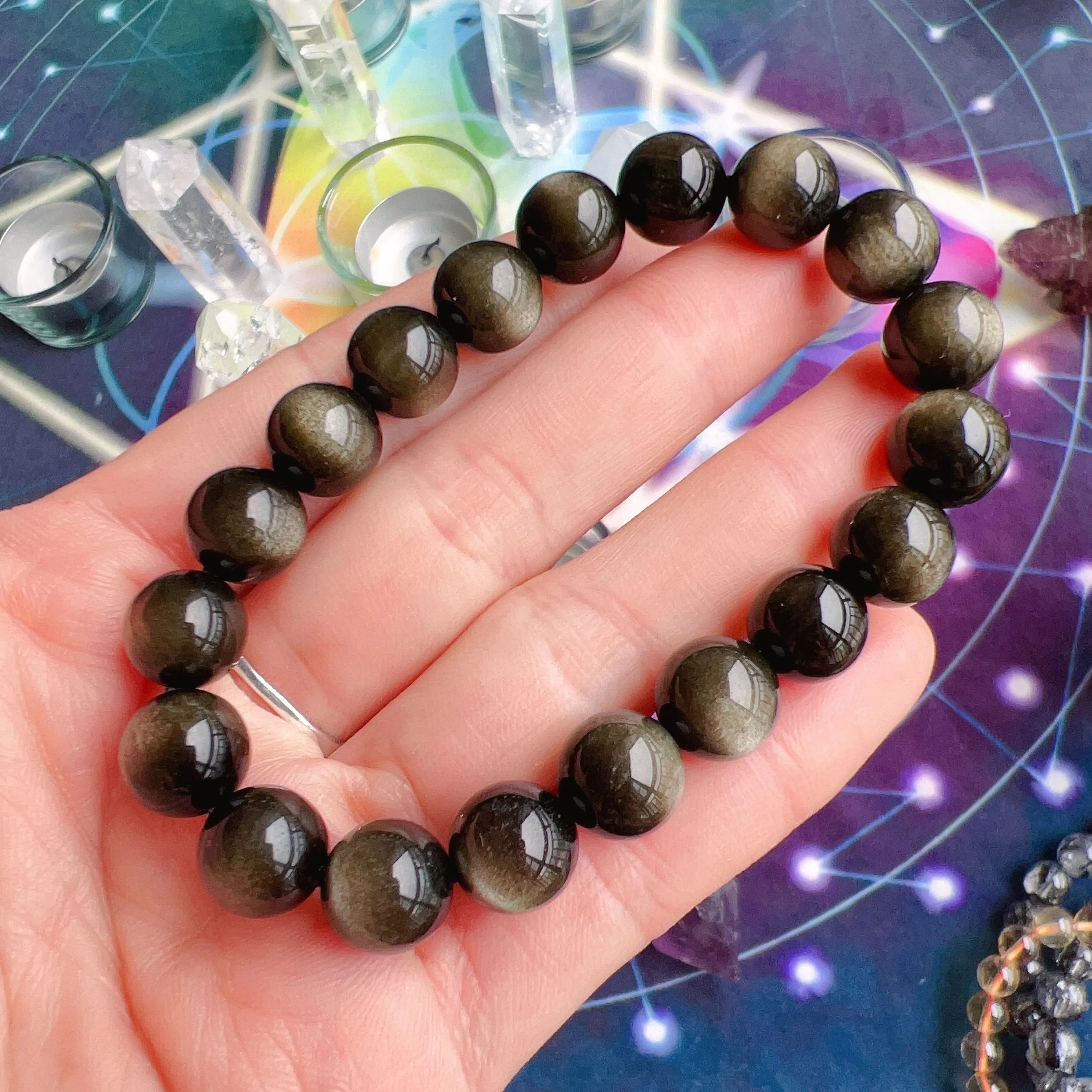 Top Grade 10mm Golden Sheen Obsidian Bracelet | Handmade Men Women Reiki Healing Stone