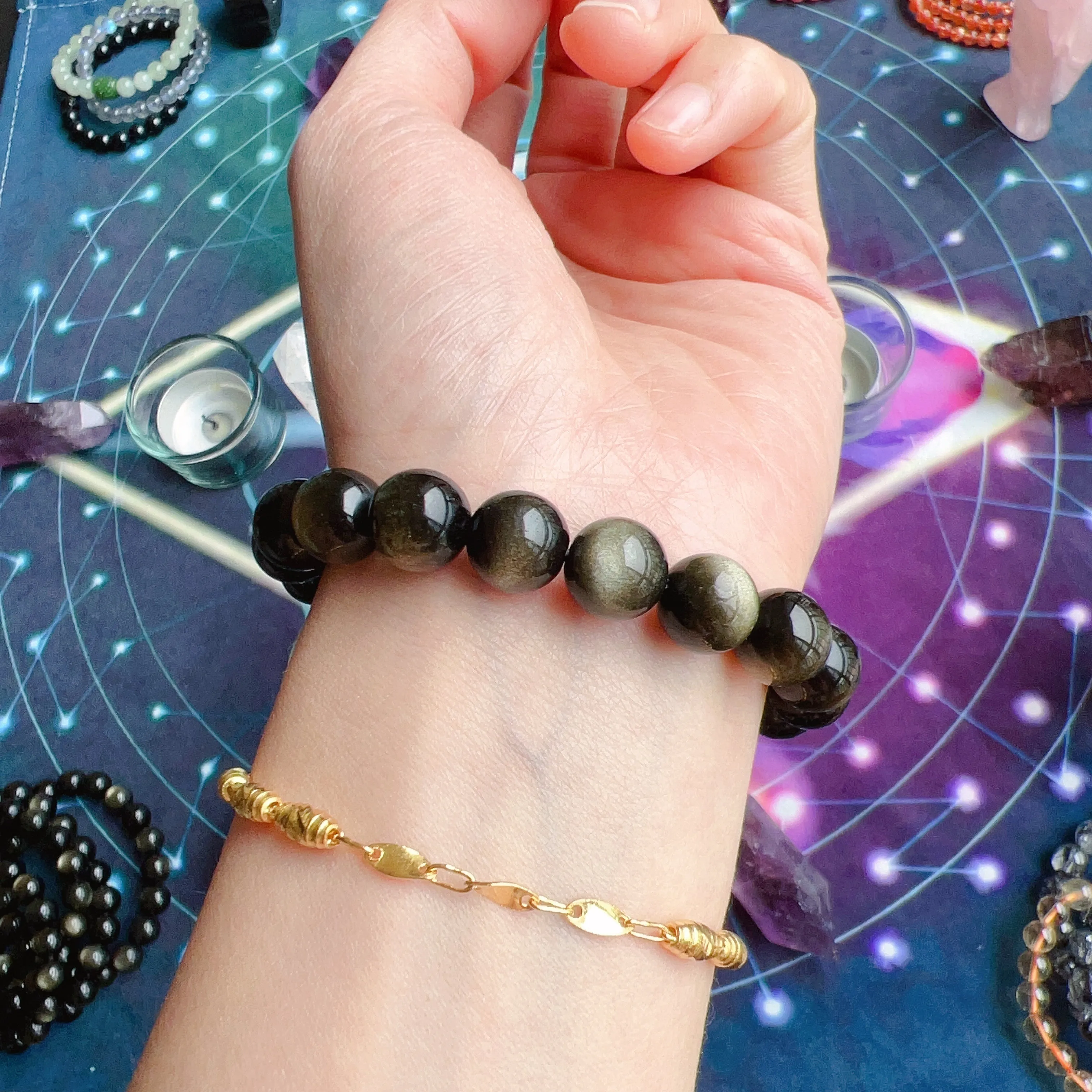 Top Grade 10mm Golden Sheen Obsidian Bracelet | Handmade Men Women Reiki Healing Stone