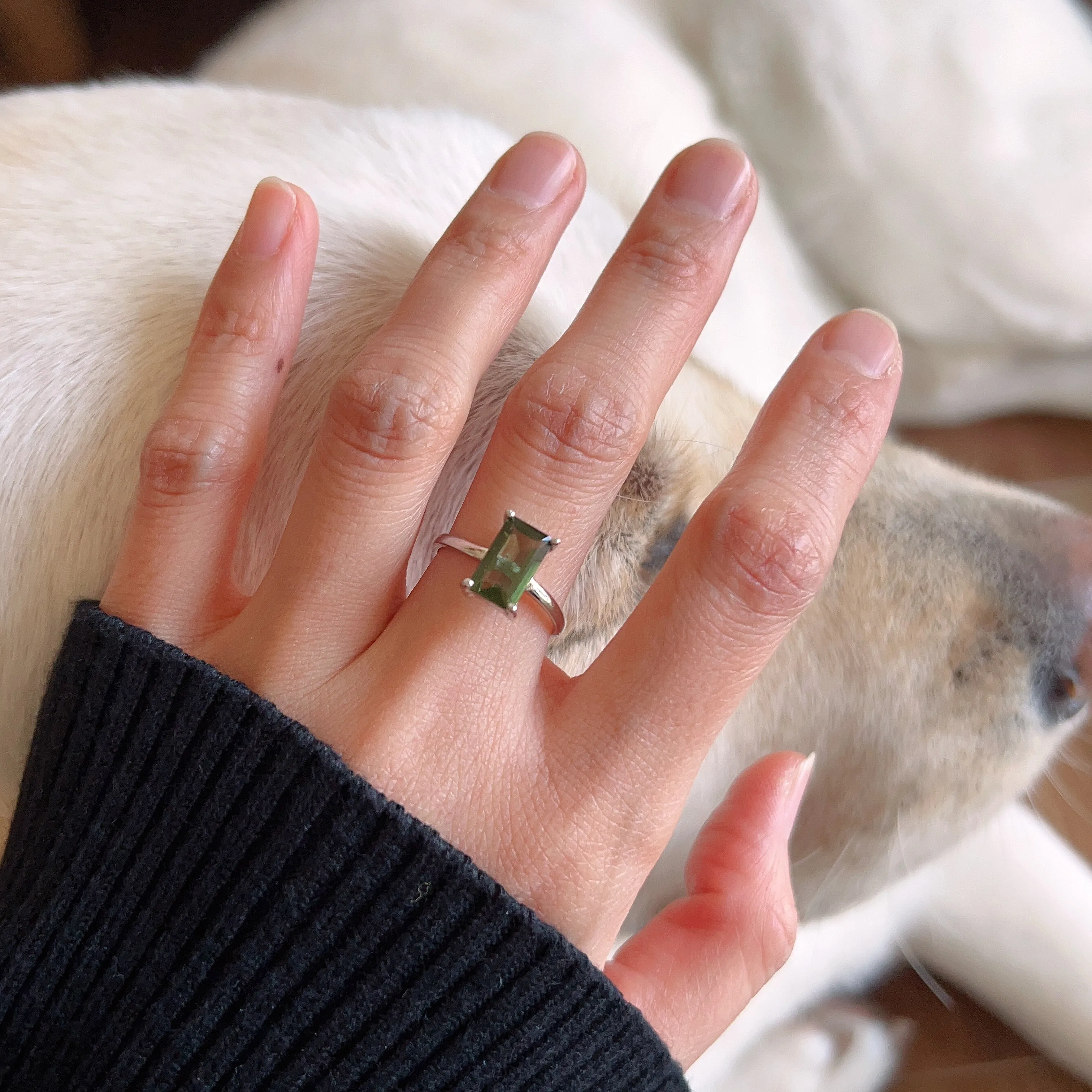 Top Grade Baguette Cut Moldavite Ring Natural Czech Best Green Color | Rare High-frequency Heart Chakra Healing Stone